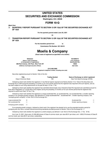 Miniature Moelis & Company 10-Q Rapport trimestriel 2021 