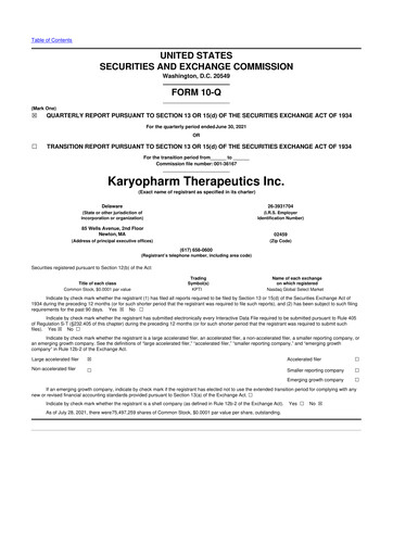 Thumbnail Karyopharm Therapeutics
 10-Q Quarterly Report FY2021 