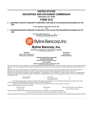 Miniature Byline Bancorp 10-Q Rapport trimestriel 2021 