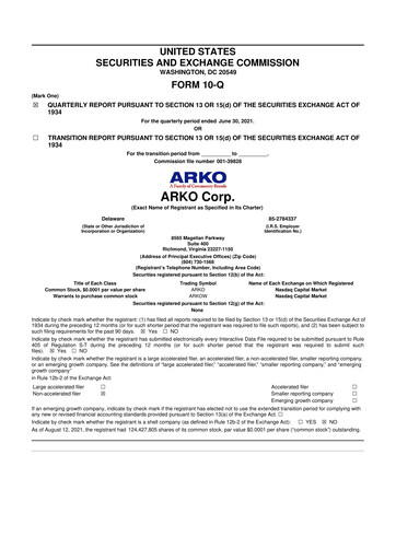 Miniature ARKO Corp. 10-Q Rapport trimestriel 2021 