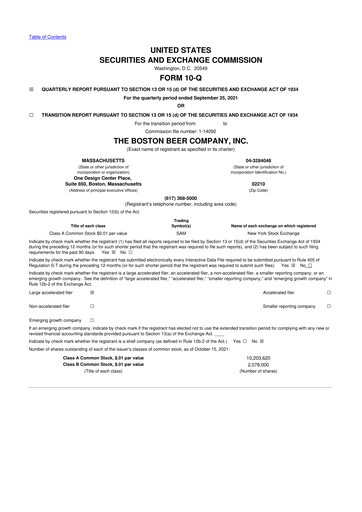 Thumbnail Boston Beer Company 10-Q Quarterly Report FY2021 