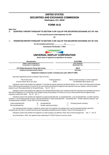 Miniature Universal Display Corporation
 10-Q Rapport trimestriel 2021 