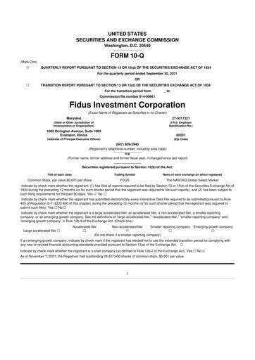 Miniature Fidus Investment Corporation 10-Q Rapport trimestriel  
