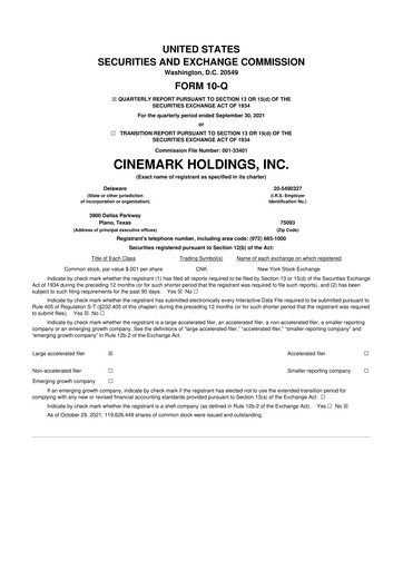 Thumbnail Cinemark Theatres
 10-Q Quarterly Report FY2021 