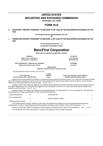 Thumbnail BancFirst 10-Q Quarterly Report FY 
