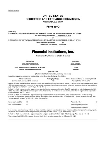 Thumbnail Financial Institutions 10-Q Quarterly Report FY2021 