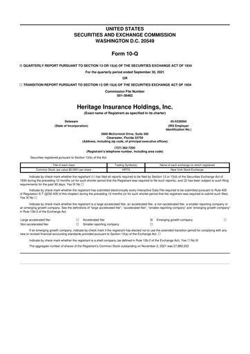 Miniature Heritage Insurance 10-Q Rapport trimestriel 2021 
