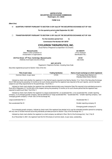 Miniature Cyclerion Therapeutics
 10-Q Rapport trimestriel 2021 