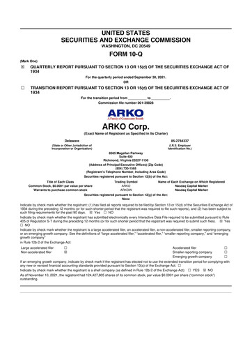 Miniature ARKO Corp. 10-Q Rapport trimestriel 2021 