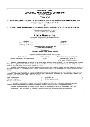 Thumbnail Athira Pharma 10-Q Quarterly Report FY2021 