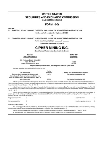 Miniature Cipher Mining 10-Q Rapport trimestriel 2021 