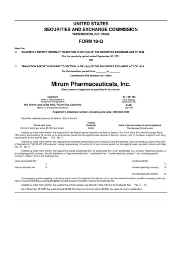 Miniature Mirum Pharmaceuticals 10-Q Rapport trimestriel 2021 