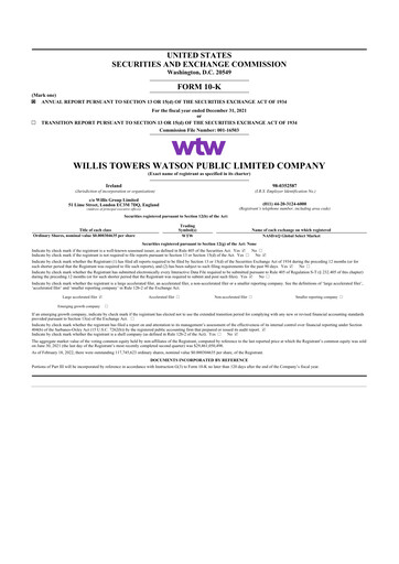 Miniature Willis Towers Watson  10-K Rapport annuel 2021