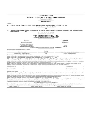 Miniature Vir Biotechnology
 10-K Rapport annuel 2021