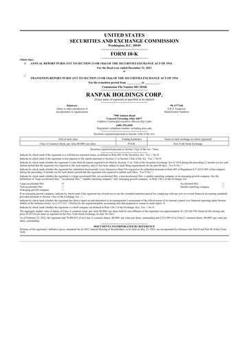 Miniature Ranpak 10-K Rapport annuel 2021