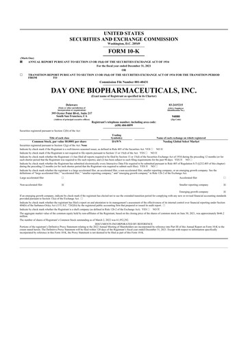 Thumbnail Day One Biopharmaceuticals 10-K Annual Report 2021