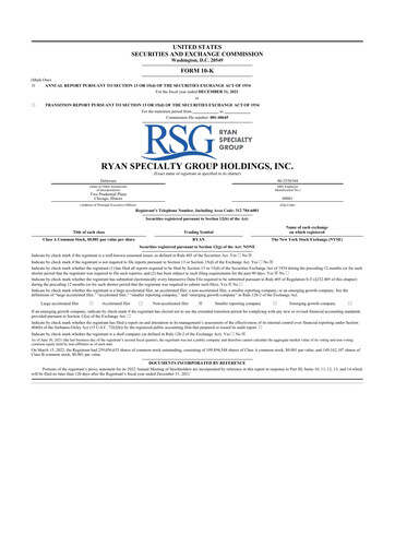 Miniature Ryan Specialty 10-K Rapport annuel 2021