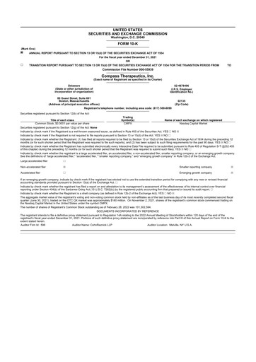 Thumbnail Compass Therapeutics 10-K Annual Report 2021