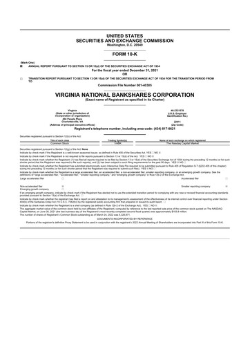 Thumbnail Virginia National Bankshares 10-K Annual Report 2021