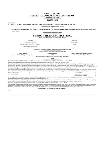 Thumbnail Spero Therapeutics 10-K Annual Report 2021