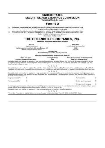 Thumbnail The Greenbrier Companies
 10-Q Quarterly Report FY2022 