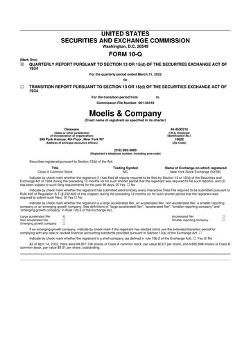 Miniature Moelis & Company 10-Q Rapport trimestriel 2022 