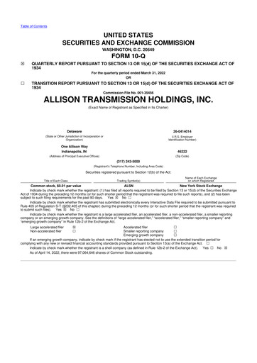 Vorschaubild Allison Transmission
 10-Q Quartalsbericht 2022 