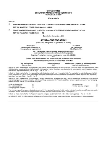 Thumbnail Avista
 10-Q Quarterly Report FY2022 