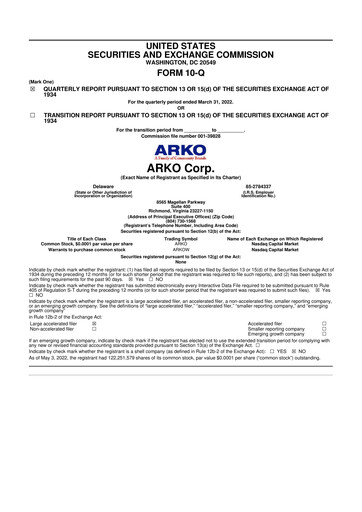 Miniature ARKO Corp. 10-Q Rapport trimestriel 2022 