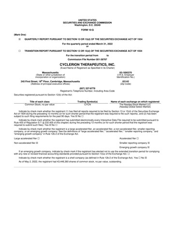 Miniature Cyclerion Therapeutics
 10-Q Rapport trimestriel 2022 