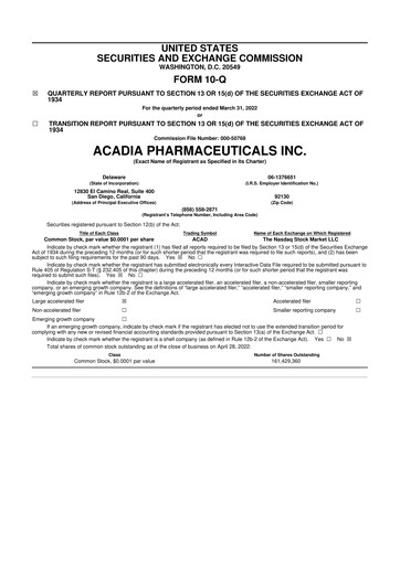 Thumbnail ACADIA Pharmaceuticals 10-Q Quarterly Report FY2022 