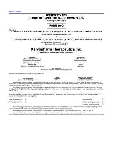 Thumbnail Karyopharm Therapeutics
 10-Q Quarterly Report FY2022 