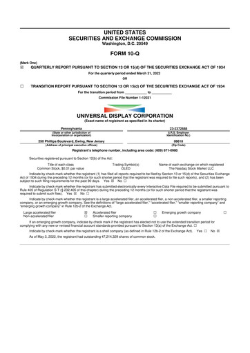 Miniature Universal Display Corporation
 10-Q Rapport trimestriel 2022 