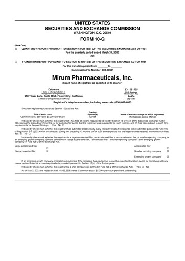 Miniature Mirum Pharmaceuticals 10-Q Rapport trimestriel 2022 