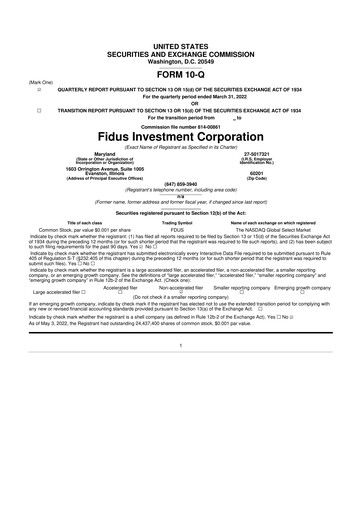 Miniature Fidus Investment Corporation 10-Q Rapport trimestriel  
