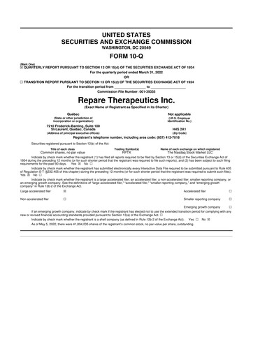 Thumbnail Repare Therapeutics 10-Q Quarterly Report FY2022 