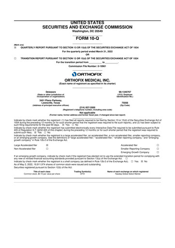 Thumbnail Orthofix Medical
 10-Q Quarterly Report FY2022 
