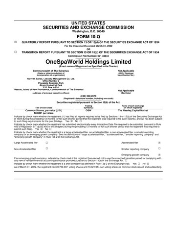 Thumbnail OneSpaWorld 10-Q Quarterly Report FY2022 