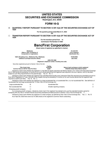 Thumbnail BancFirst 10-Q Quarterly Report FY 