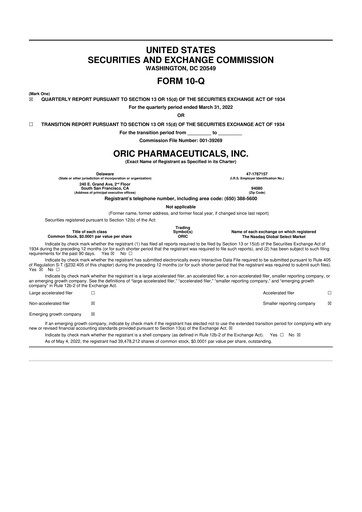 Thumbnail ORIC Pharmaceuticals
 10-Q Quarterly Report FY2022 