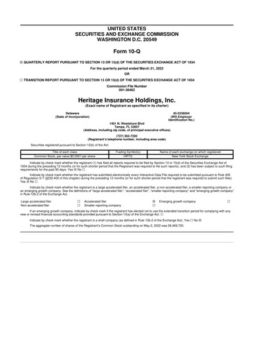 Miniature Heritage Insurance 10-Q Rapport trimestriel 2022 