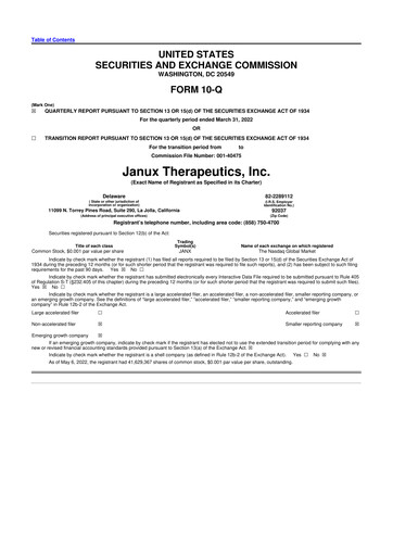 Miniature Janux Therapeutics 10-Q Rapport trimestriel 2022 