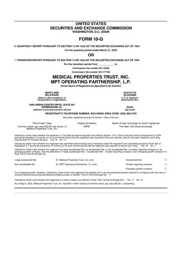 Thumbnail Medical Properties Trust
 10-Q Quarterly Report FY 