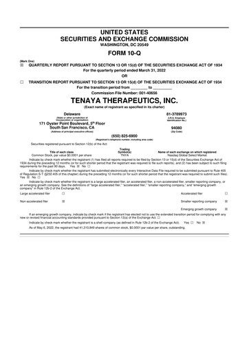 Miniature Tenaya Therapeutics 10-Q Rapport trimestriel 2022 