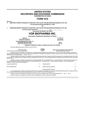 Thumbnail Vor Biopharma 10-Q Quarterly Report FY2022 