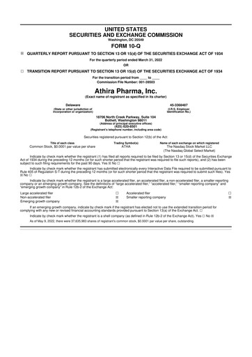 Thumbnail Athira Pharma 10-Q Quarterly Report FY2022 