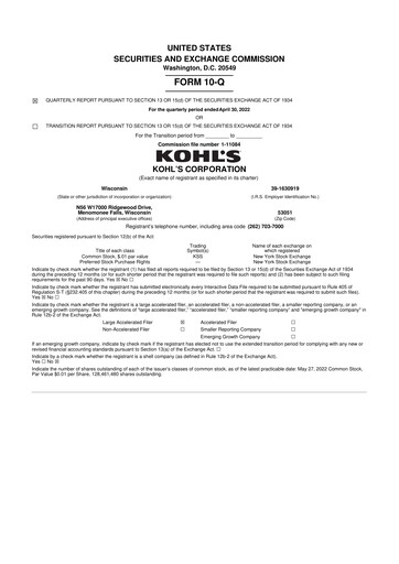 Thumbnail Kohl's
 10-Q Quarterly Report FY2022 