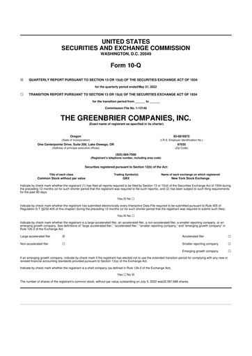 Thumbnail The Greenbrier Companies
 10-Q Quarterly Report FY2022 