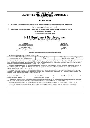 Thumbnail H&E Equipment Services 10-Q Quarterly Report FY 