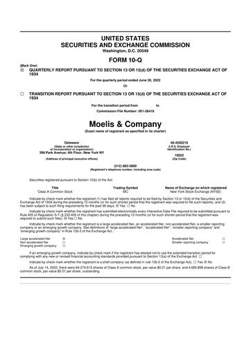 Miniature Moelis & Company 10-Q Rapport trimestriel 2022 